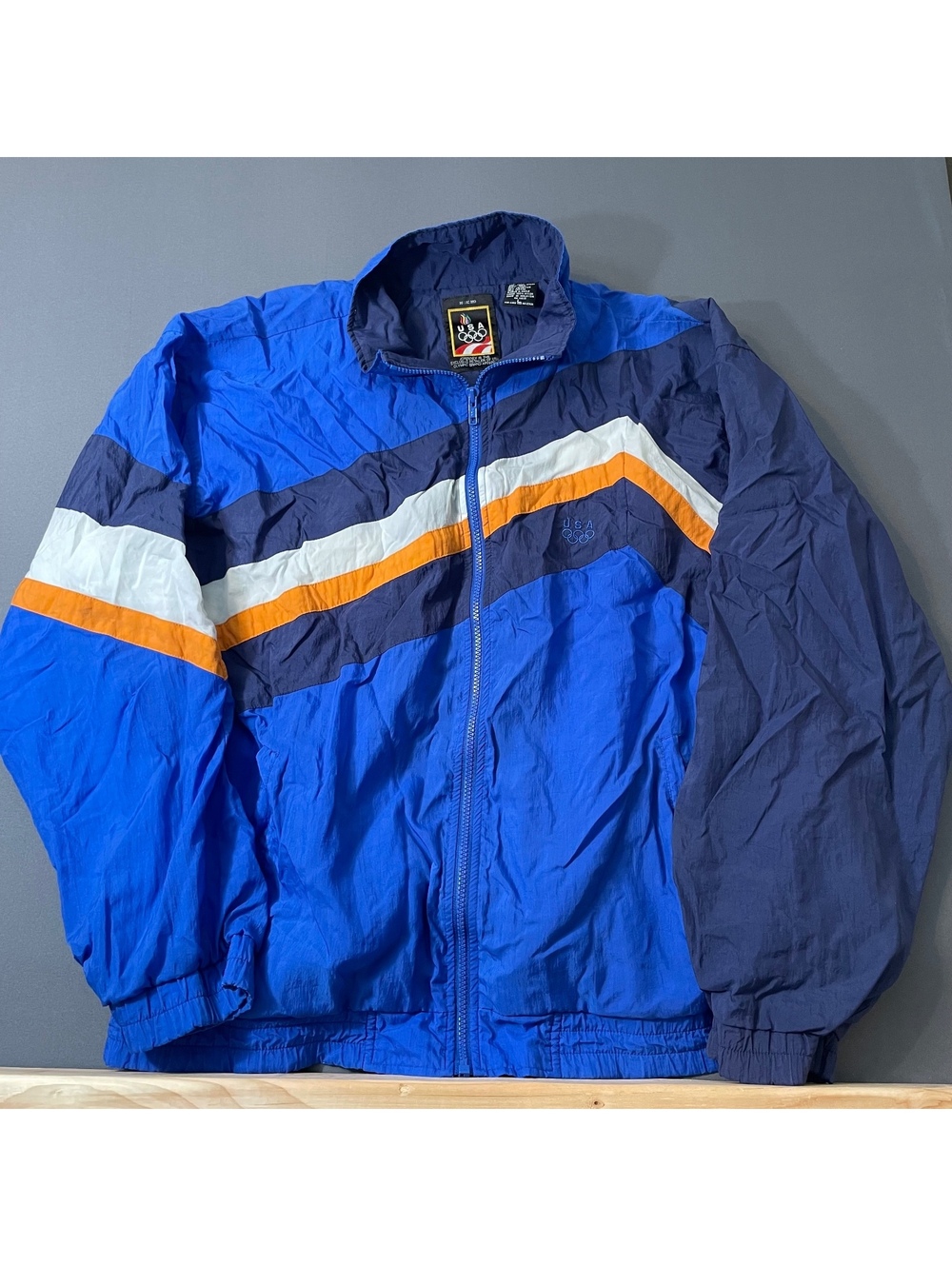 Vintage USA Olympic Nylon Windbreaker Jacket Blue Orange White Size Large